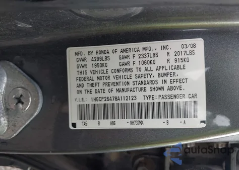 2008 Honda Accord 2.4 Lx-P z USA, uszkodzony, nr VIN 1HGCP26478A112123